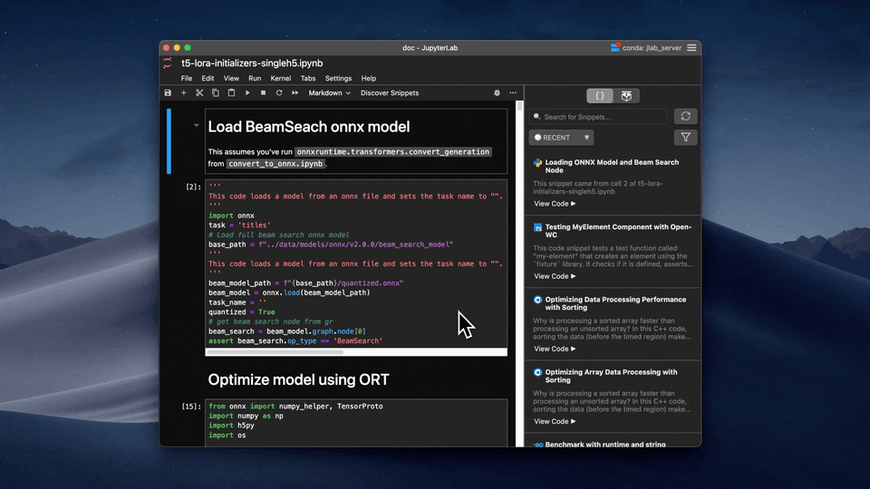 Example of discovered snippets in Jupyter Lab